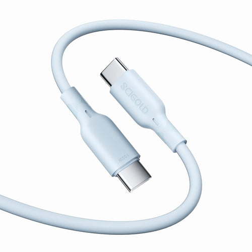 The 100W silicone cable in Baby Blue, its two USB-C plugs side by side: SCIGOLD on one, 100W on the other