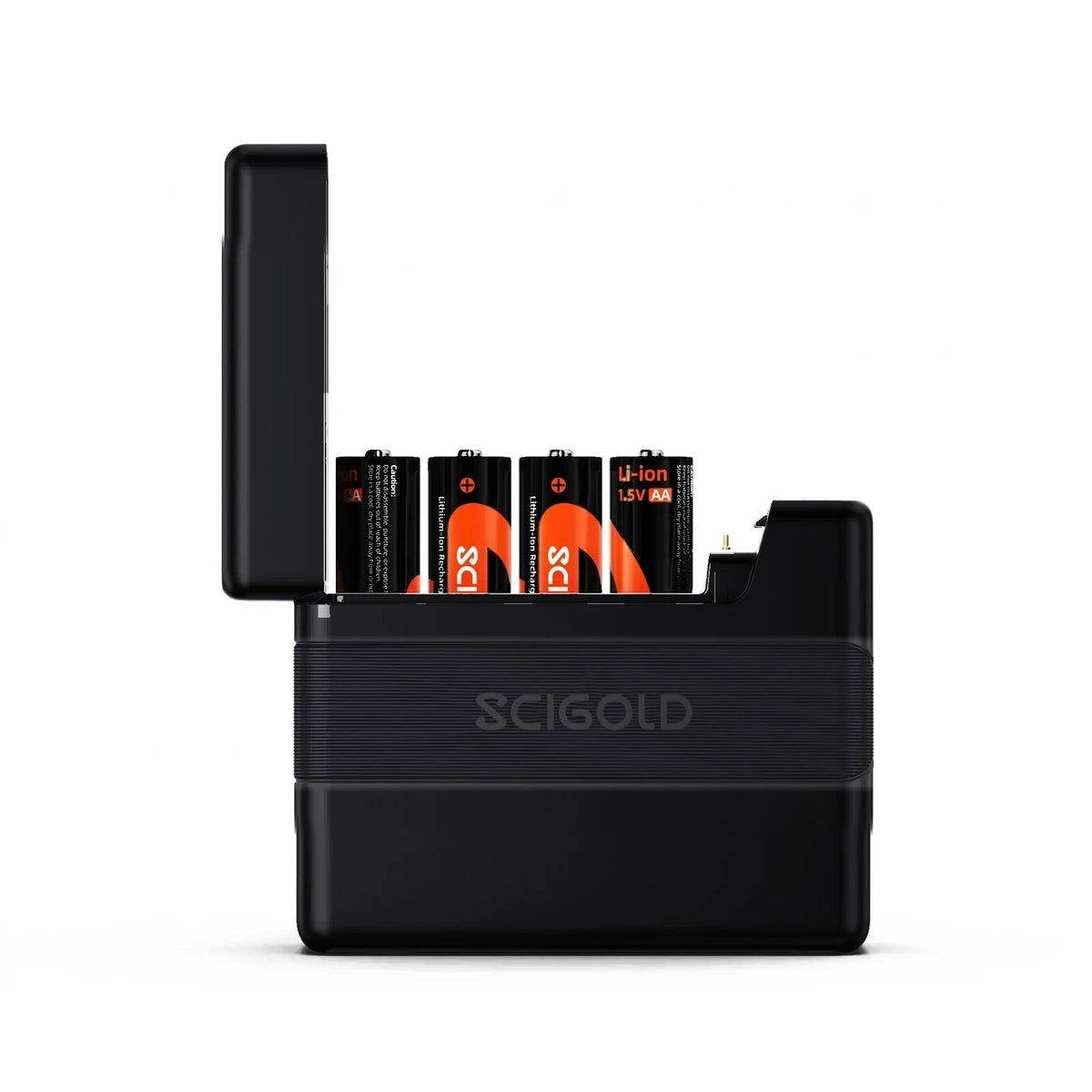 The black CW505 charging case, lid open, with four SCIGOLD AA Li-ion cells in its slots