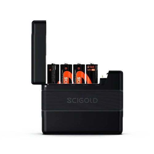 The black CW505 charging case, lid open, with four SCIGOLD AA Li-ion cells in its slots