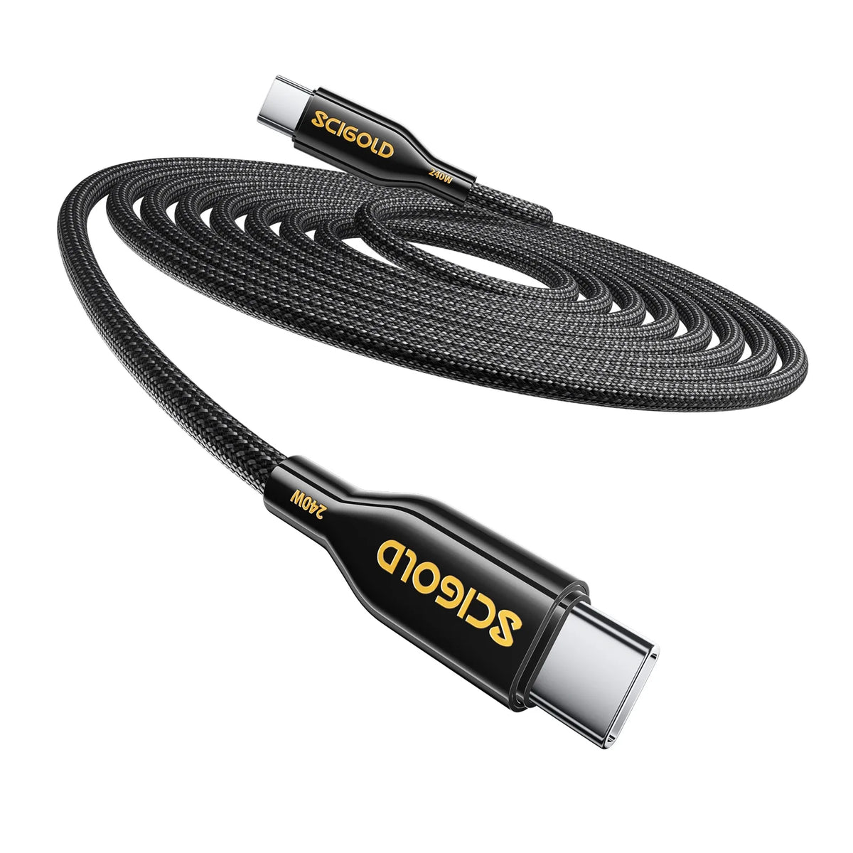 The 240W braided cable in High Gloss Black, coiled, with gold SCIGOLD lettering on both connectors