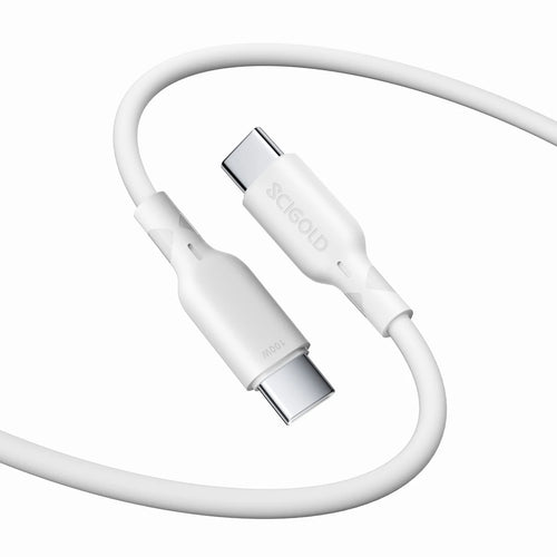 The 100W silicone cable in Cream White, its two USB-C plugs side by side: SCIGOLD on one, 100W on the other