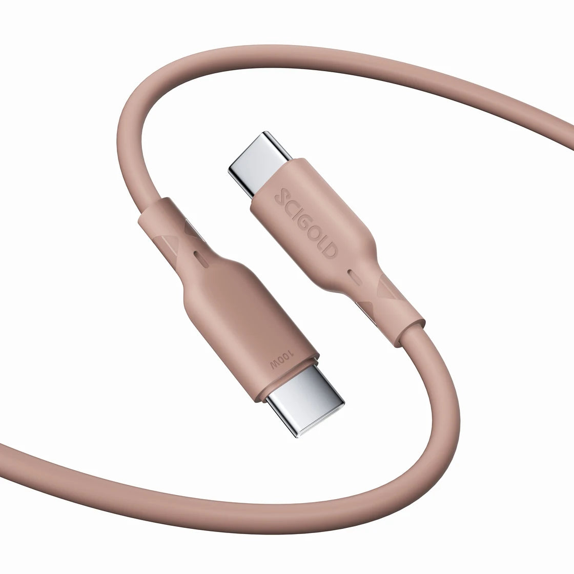 The 100W silicone cable in Nude Pink, its two USB-C plugs side by side: SCIGOLD on one, 100W on the other