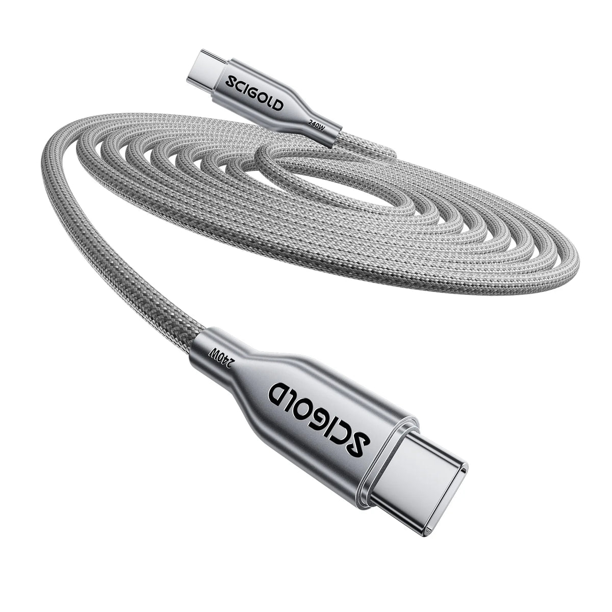 SCIGOLD 240W Braided USB-C Cable in Brushed Matte Silver